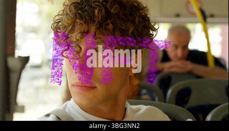 Image of pink nft text over thoughtful caucasian man travelling on bus Stock Photo