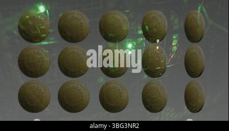 Image of coins with nft and data processing over servers Stock Photo