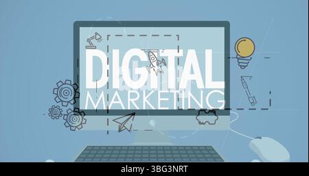 Image of digital marketing text over screen and icons on blue background Stock Photo