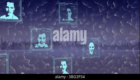 Image of shapes and data processing with people portraits over cityscape Stock Photo