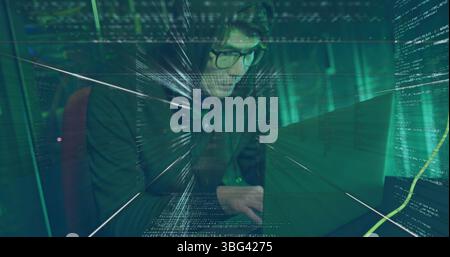 Image of falling icons and network of connections over male hacker Stock Photo