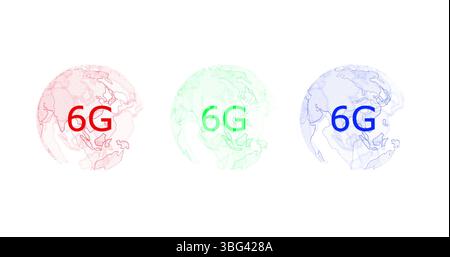 Image of rotating globes and 5g in blue red and green globes on white background Stock Photo