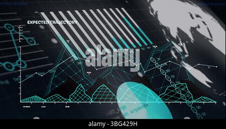 Image of graphs, data and globe on black background Stock Photo