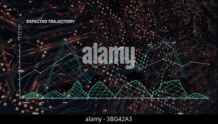 Image of integrated circuit and graphs on black background Stock Photo