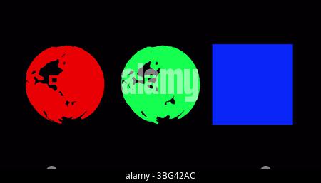Image of rotating globes and blue square on black background Stock Photo
