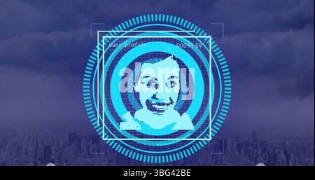 Image of data processing with diverse people portraits and scope scanning over cityscape Stock Photo