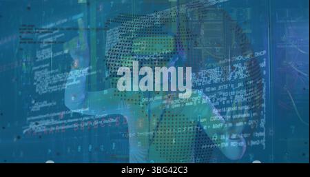 Image of data processing over african american female server room worker using vr headset Stock Photo