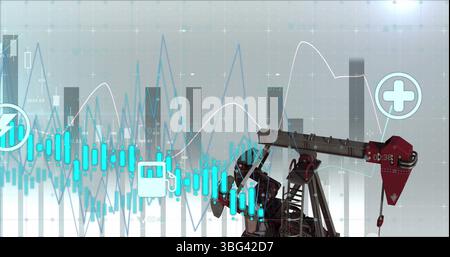 Image of financial graphs over refinery pump Stock Photo