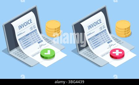 Isometric Isometric E-invoice and digital payment. Features laptop, dollar coins, financial icons, and email notification for accounting and e Stock Vector