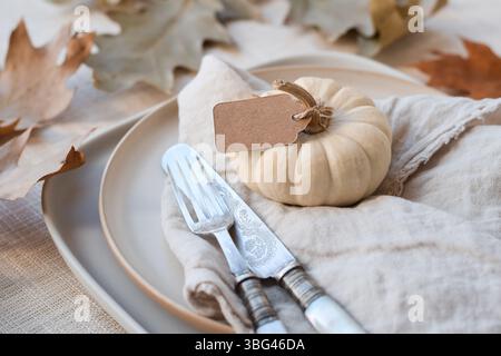 Plate setting decorated with white pumpkin, fall leaves and natural linen napkin for Thanksgiving dinner Stock Photo