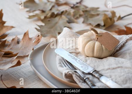 Plate setting decorated with white pumpkin, fall leaves and natural linen napkin for Thanksgiving dinner Stock Photo
