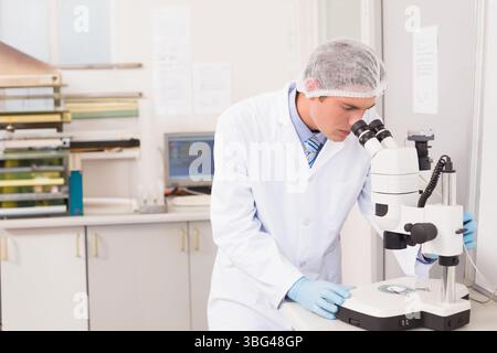 Scientist is examining samples using microscope on white lab bench with cabinets, monitor, trays Stock Photo