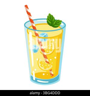 Glass of refreshing lemonade with floating lemon slices, mint leaves, ice cubes, and a striped orange straw. Ideal for summer drink concepts, juice ba Stock Vector