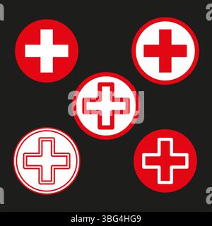 Medical cross icon. Emergency red symbol. Vector health shape. White background figure. Stock Vector