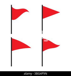 Red flags group. Vertical pole icons. Signal banner shapes. Vector alert symbols. Stock Vector