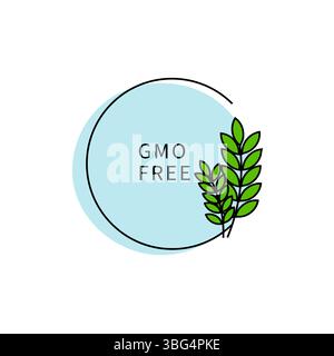 GMO free label. Green leaves emblem. Blue circle background. Vector eco symbol. Stock Vector
