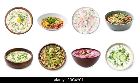 Cold soups in bowls isolated on white, set Stock Photo