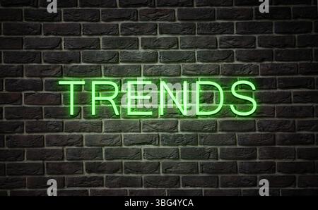 Neon sign with word Trends on black brick wall Stock Photo