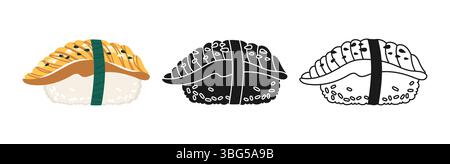 Sushi Nigiri with eel symbol cartoon set. Traditional Asian Japanese food linear doodle icon. Sushi seafood vector illustration. Stylized doodle design sign for oriental menu, cafe, bar, restaurant Stock Vector