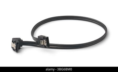 close-up of black SATA cable isolated white background, coiled data cable connect hard drives to the motherboard Stock Photo