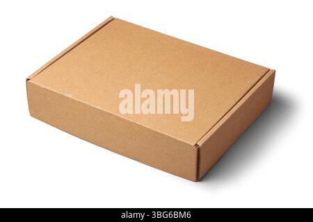single plain closed cardboard box isolated white background, blank brown container mock-up template, made of corrugated material Stock Photo