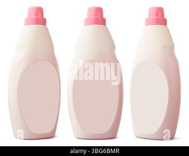 set of household plastic bottles with pink cap and blank label isolated white background, liquid detergent or soap, bathroom cleaner, laundry bleach Stock Photo