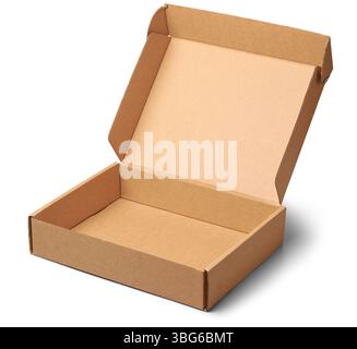 single plain opened lid cardboard box isolated white background, blank brown container mock-up template, made of corrugated material Stock Photo