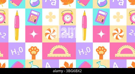 Colorful educational seamless pattern featuring letters, numbers, school supplies, perfect for learning materials or back to school designs. Stock Vector