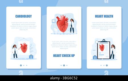 Cardiology banner set. Heart exam and treatment. Female cardiologist make diagnosis and choose therapy. ECG concept. Vector illustration in flat Stock Vector