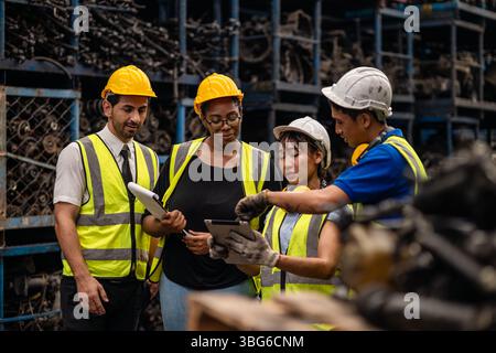 group of workers team talking, mix people multiracial working together, engineers at work meeting in factory Stock Photo