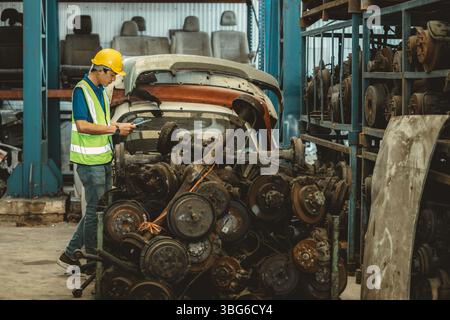 Old used car part warehouse worker checking inventory in garage. Staff worker working in recycle motor junkyard auto parts management. Stock Photo