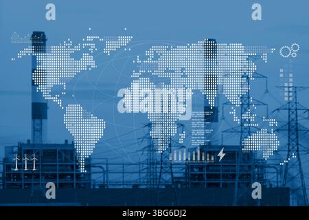 Blank World map overlay with large industry Power plant background on blue color tone graphic for world wide energy business presentation Stock Photo