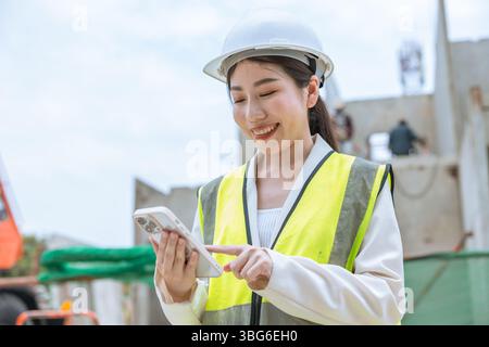 Happy construction engineer women using smartphone contact, reading chat text message business connection Stock Photo