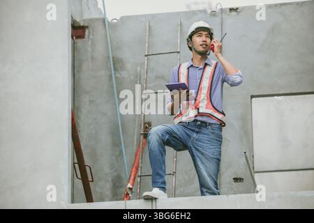 Asian engineer overseeing construction project at construction site, Professional builder working Stock Photo