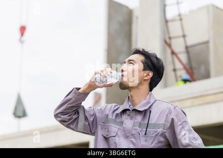 Asian worker male thirsty drinking water in hot summer weather working outdoor at construction site Stock Photo