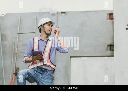 Asian engineer leading construction project at construction site, professional builder overseeing development process Stock Photo