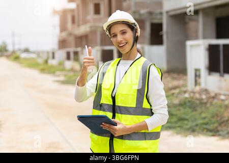 Happy construction engineer woman, Smart working women with safety reflective vest confident thumbs up smiling at outdoor construction site. Stock Photo
