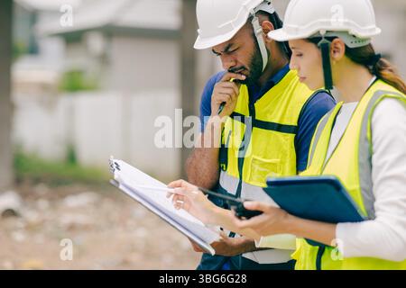 Construction engineer foreman thinking solving problem when talking with site manager about problem Stock Photo