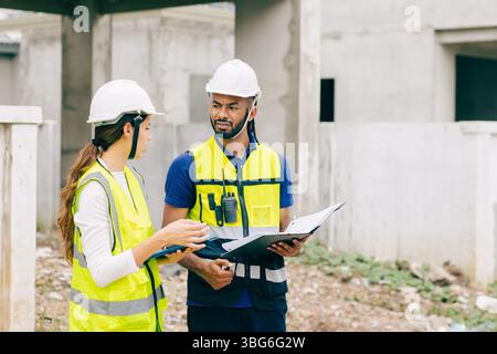 Construction Engineer team, Engineers teamwork man and women working together at construction site with home building projects Stock Photo