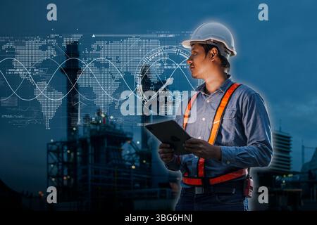 worldwide technology power plant, energy production, engineer man using digital advance technology monitor control global power demand supply concept. Stock Photo