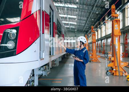 Train engineer working, Train mechanic check inspecting railway track and engine at Train station depot, Advance transport engineering Stock Photo