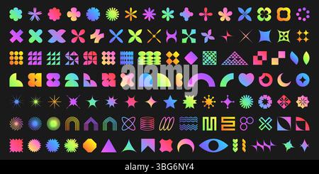 Colorful neon brutalist shape collection on black background - colorful hearts and stars, suns and flowers, crosses and spirals. Geometric abstract elements for retro graphic design, modern patterns Stock Vector