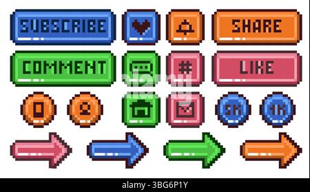 Social media pixel buttons. Retro games style app interface, like, subscribe, share and comment, interactive navigation functions, game development Stock Vector
