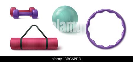 Colorful 3d gym equipment collection - green yoga mat with black strap, turquoise dumbbells pair, pink exercise ball and hula hoop for fitness training, home workout and strength building activities. Stock Vector