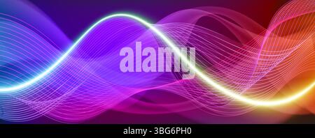 Audio neon wave background with vibrant rainbow gradient flowing lines. Glowing sound frequency visualization. Dynamic music spectrum digital wallpaper. Abstract luminous curves with bright edges. Stock Vector