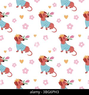 Funny dachshunds seamless pattern. Cute romantic dog hold tulip, animal clothing, repeated happy pet with flower. Textile, wrapping, wallpaper. Print Stock Vector