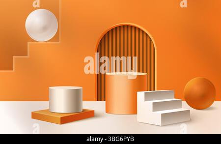 Abstract geometric shapes in orange and white - minimal composition with round podium, square blocks, arched panel and stairs. 3d simple architectural forms. modern interior design or product display. Stock Vector