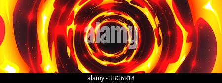 Abstract fire vortex background - swirling flames forming circular tunnel. Burning hot spiral, fiery twisting hole, blazing whirlpool. Dynamic motion effect of vivid red orange yellow colors on black. Stock Vector