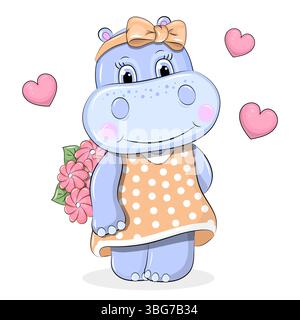 Cute cartoon Hippo with Pink Flowers. Vector Illustration of animal in orange dress on a white background. Stock Vector
