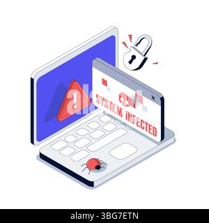 Laptop has a Blue screen. Error System is Infected with a Virus. Isometric Vector illustration. Broken lock Stock Vector